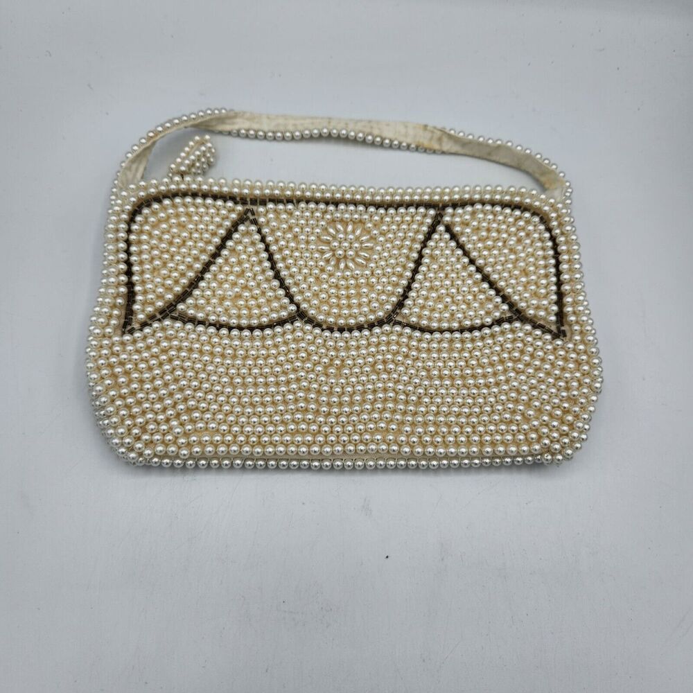 Vintage Hand Pearl Beaded White Clutch Purse‎ Evening Purse Made In Japan
